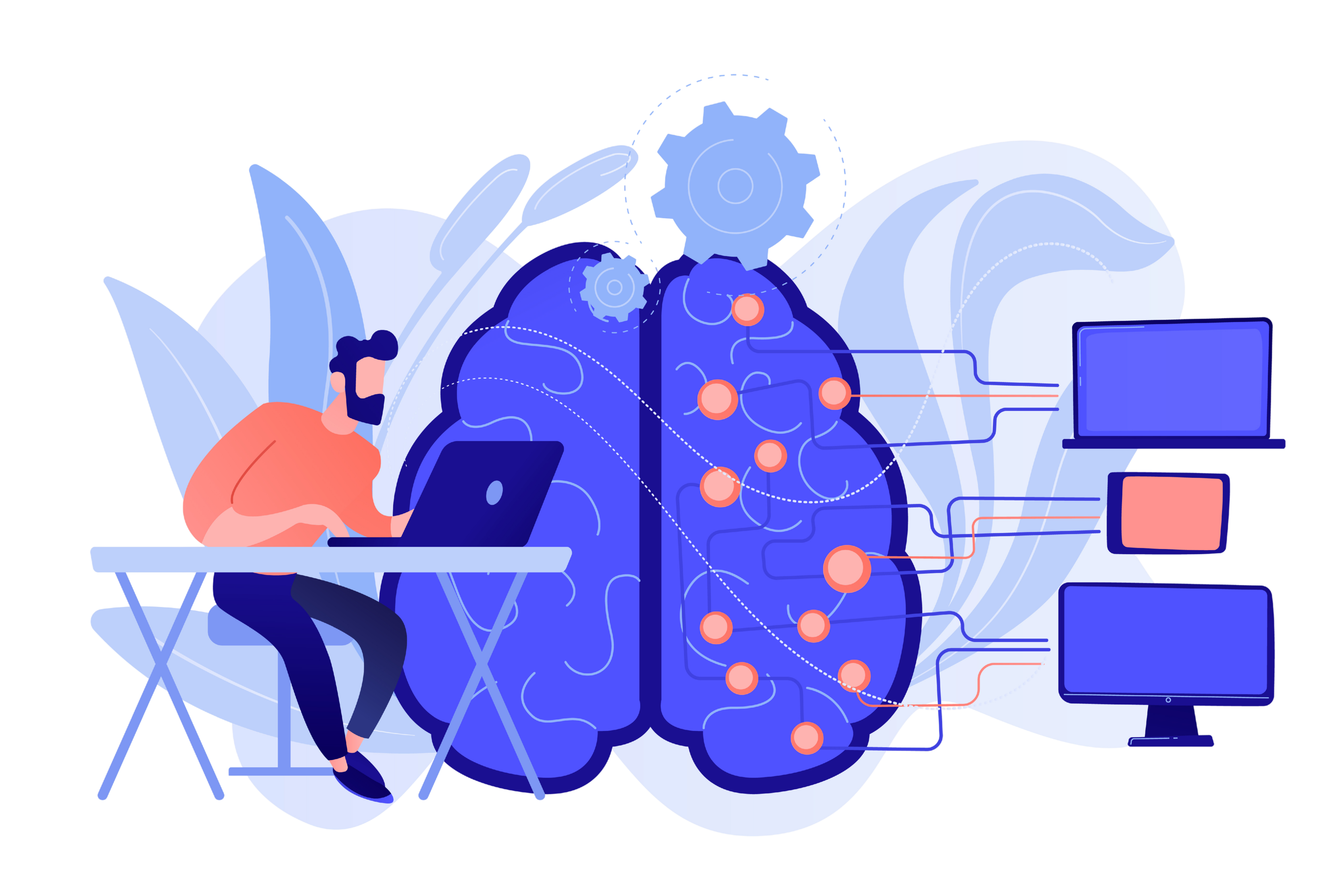 Brain with digital circuit and programmer with laptop. machine learning, artificial intelligence, digital brain and artificial thinking process.